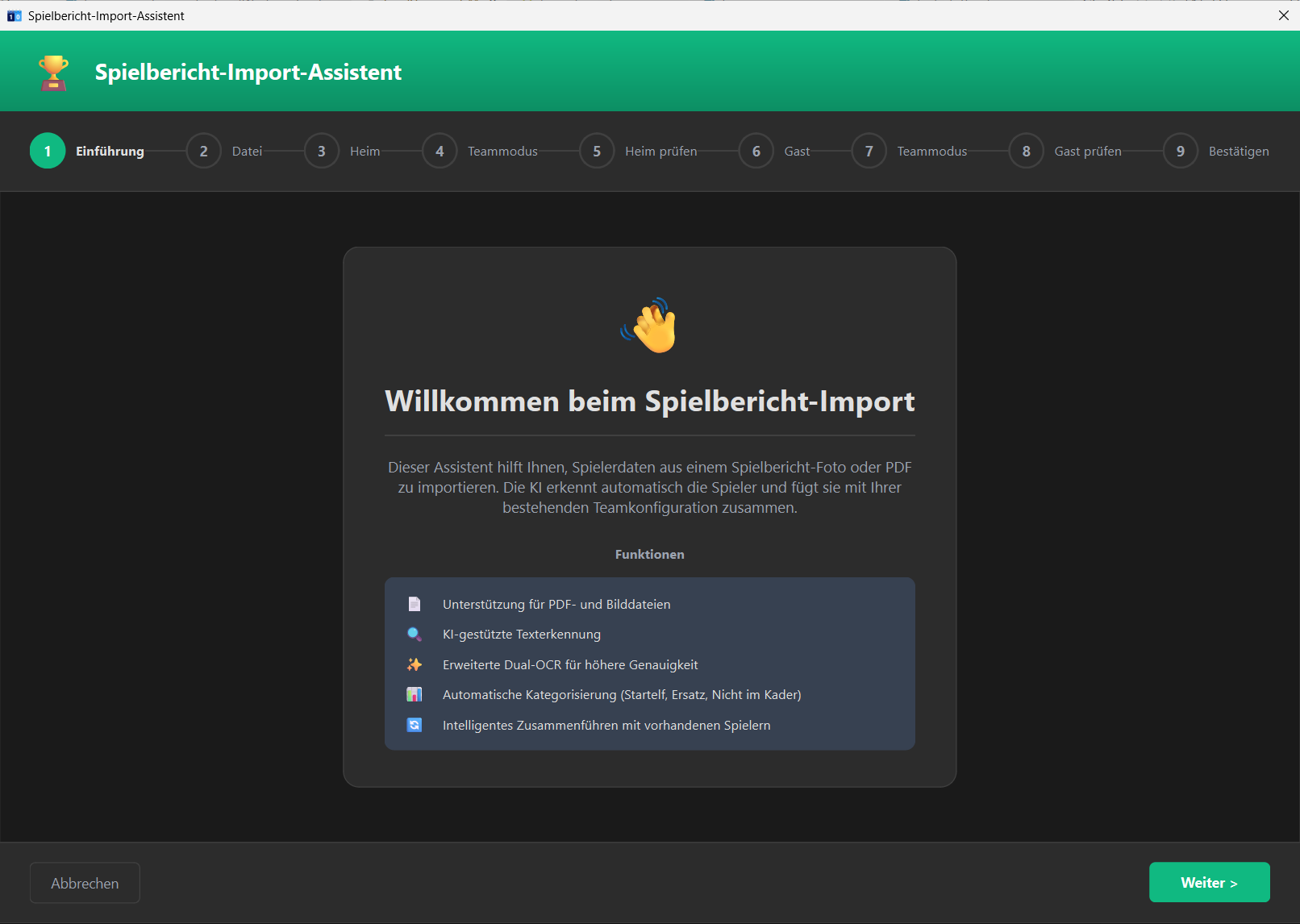 Spielbericht Import Assistent
